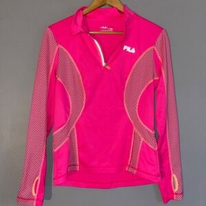 Small FILA Running Quarter Zip Performance Workout Shirt Neon Pink w/Dots